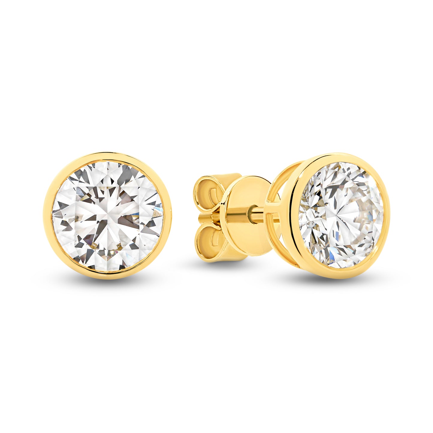 18kt Gold 1.9ct LG Round Cut Bezel Set Stud Earrings