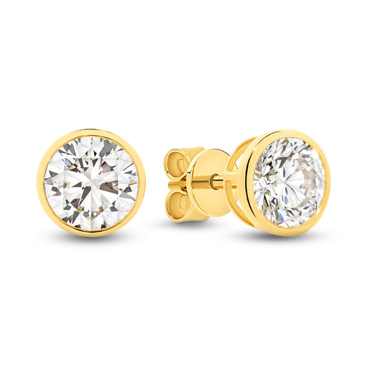 18kt Gold 1.9ct LG Round Cut Bezel Set Stud Earrings